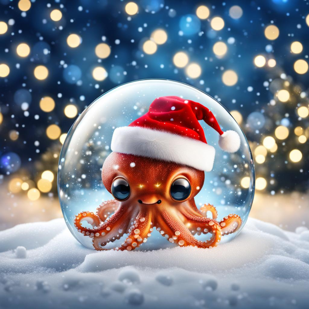 SDXL AI generated image of a tiny octopus wearing a Santa hat in a glass orb in snow || '