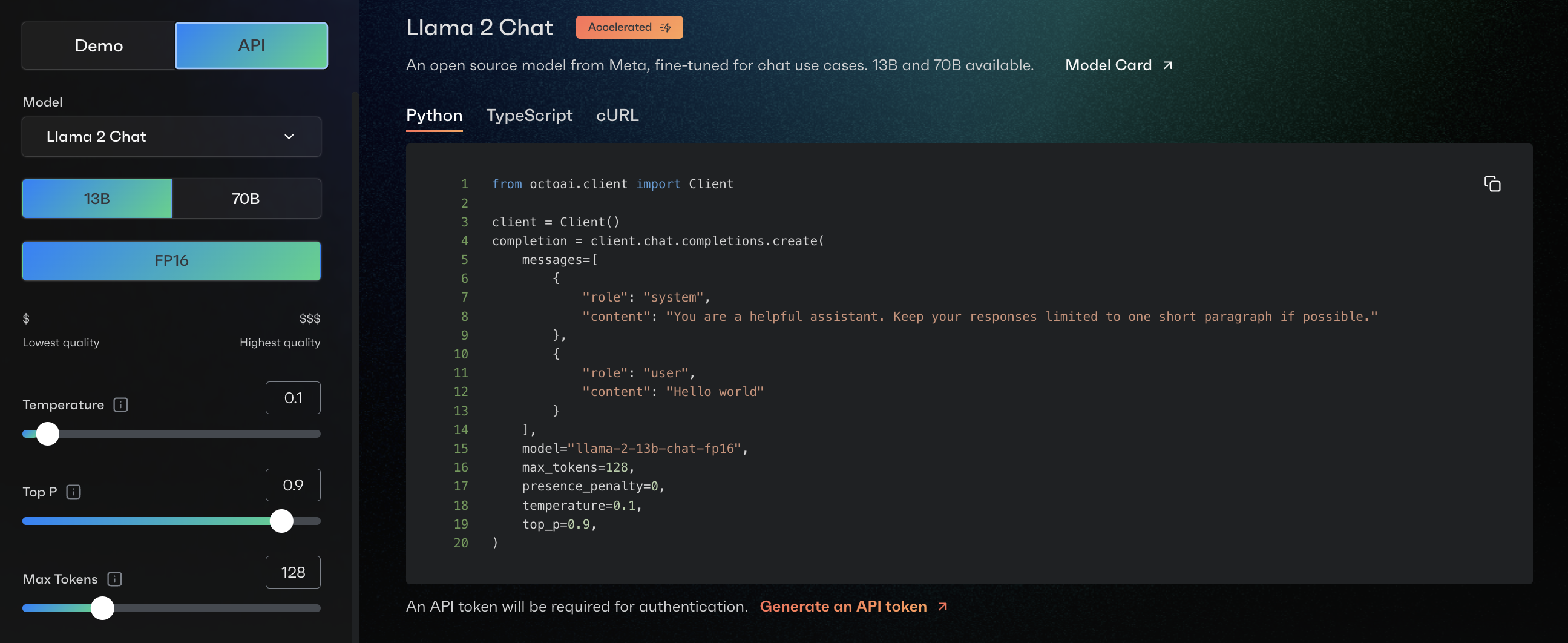 Text Gen Solution API product UI showing Python code for using Llama 2 Chat 13B || '