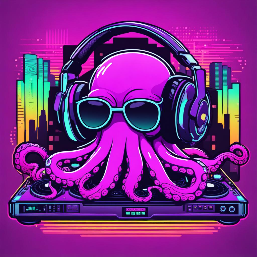 AI generated purple DJ octopus with headphones and a DJ kit