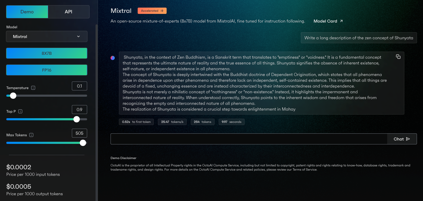 Mixtral 8x7b  OctoAI web UI demo screen shot || '