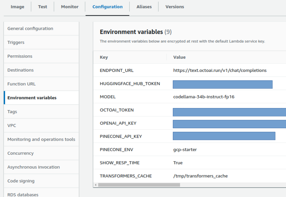 A screenshot of Lambda configuration for Environment variables for DocTalk demo || '
