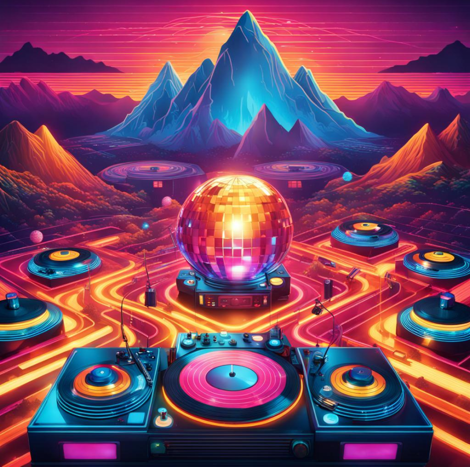 Mixtral Instruct on OctoAI, an AI generated neon world with turn tables, a disco ball, and beautiful mountains in the landscape