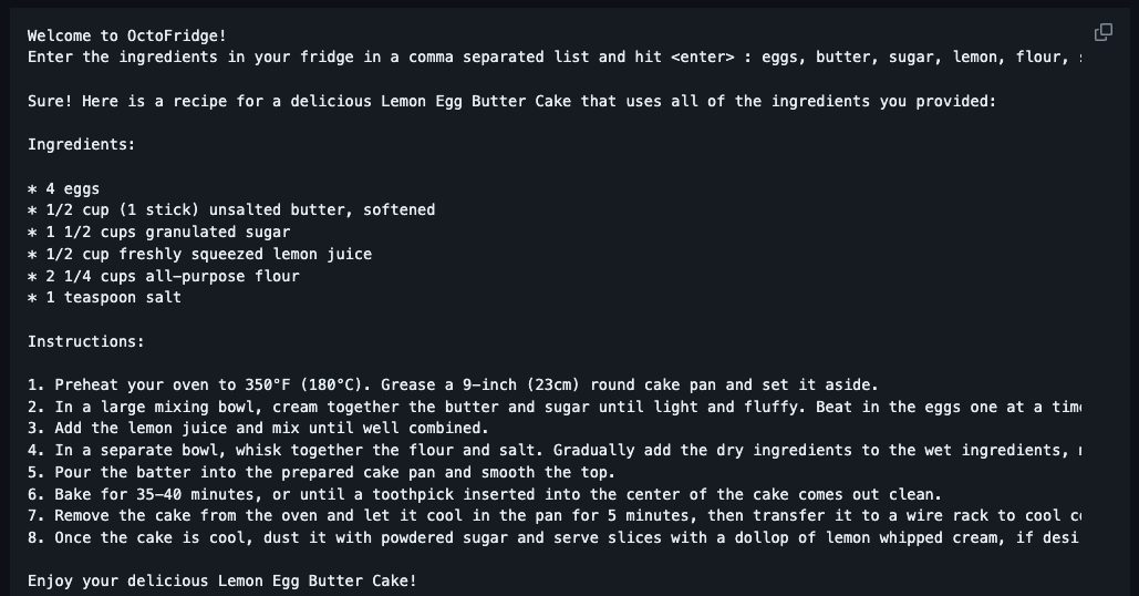 A screenshot showing an example output from Recipe Generator app of a recipe for Lemon Egg Butter Cake with ingredients and instructions