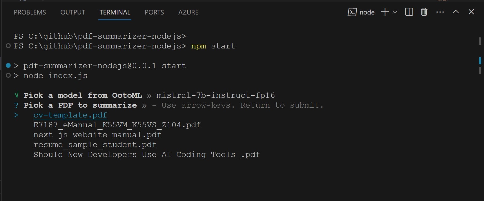 OctoAI demo app PDF Summarizer screenshot of a users terminal using the app