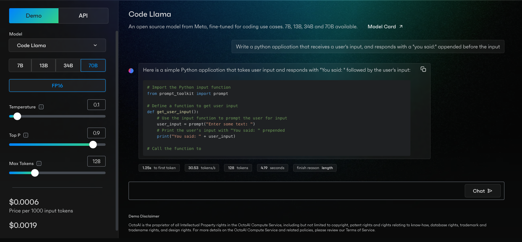 Code Llama 70B on OctoAI showing a simple prompt for a python app in web UI || '