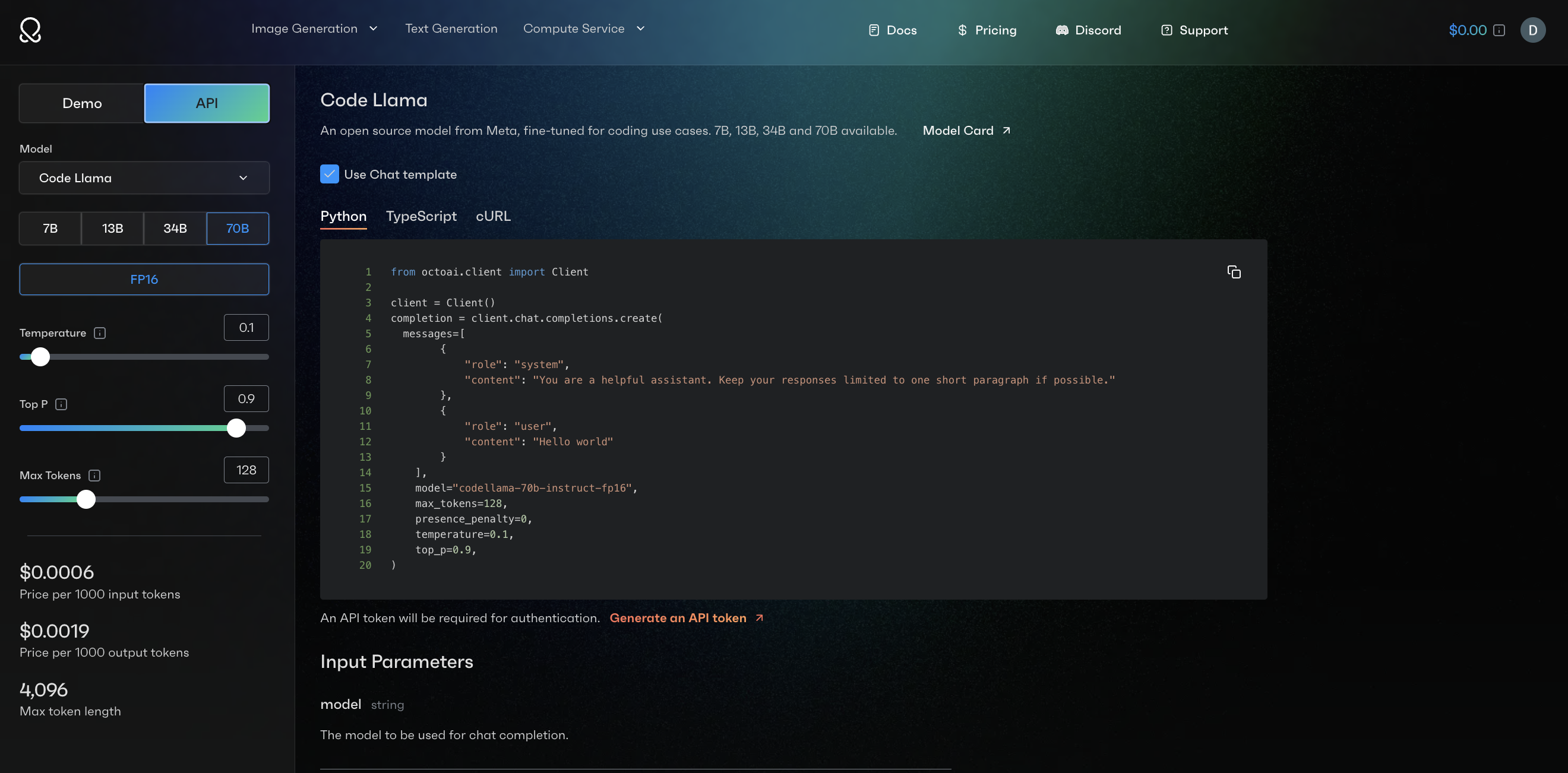 Screen shot of OctoAI Text Gen Solution Code Llama 70B python API in web UI || '