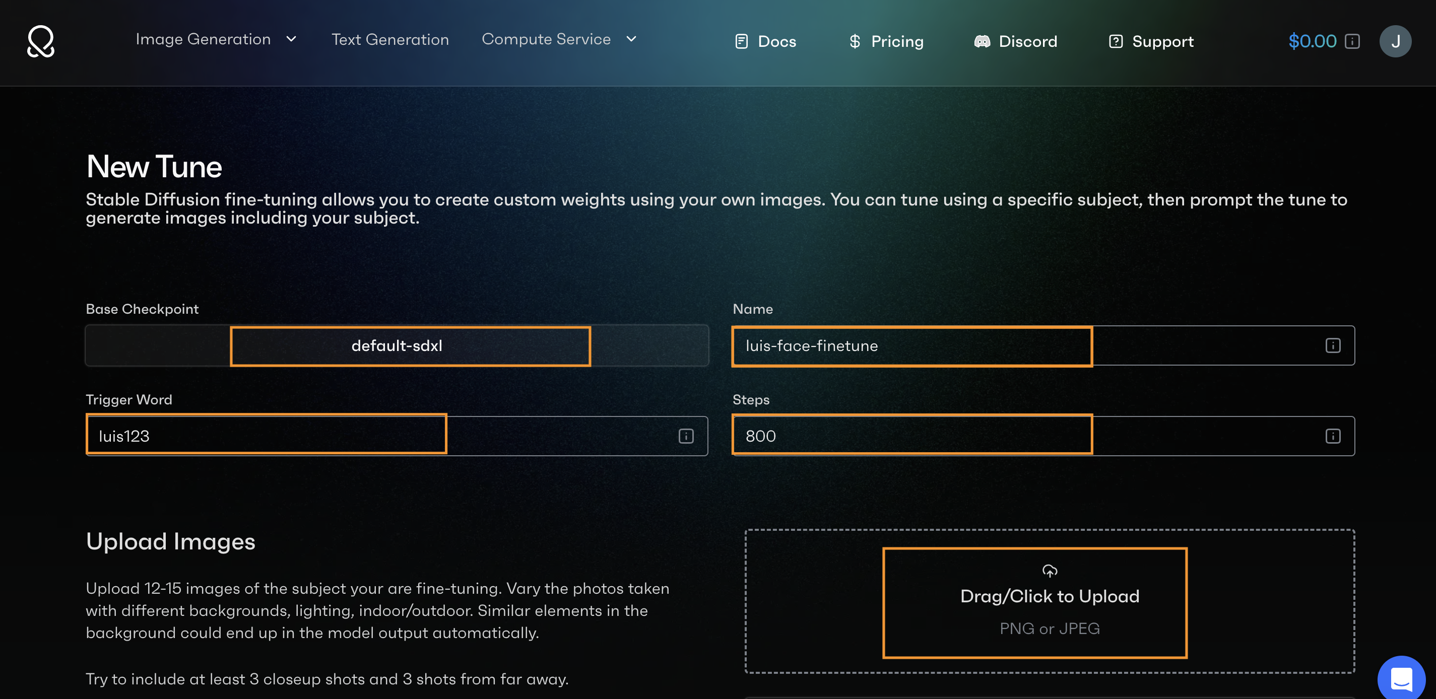OctoAI web UI showing all the required fields to create a new fine-tune on the platform || '