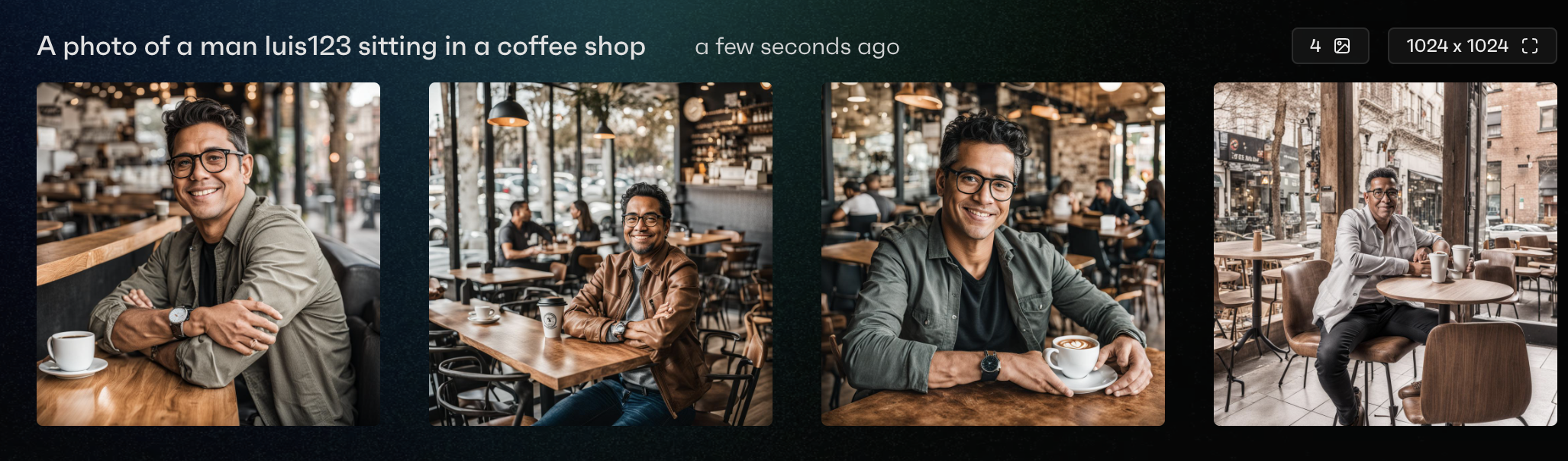 Four AI generated images using the Luis Ceze face fine-tune in a coffee shop that are realistic || '