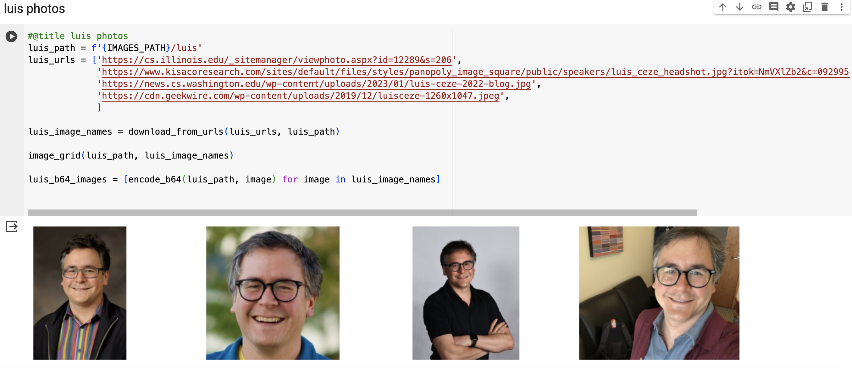 OctoAI code example and showing the images of Luis C used for fine-tuning || '