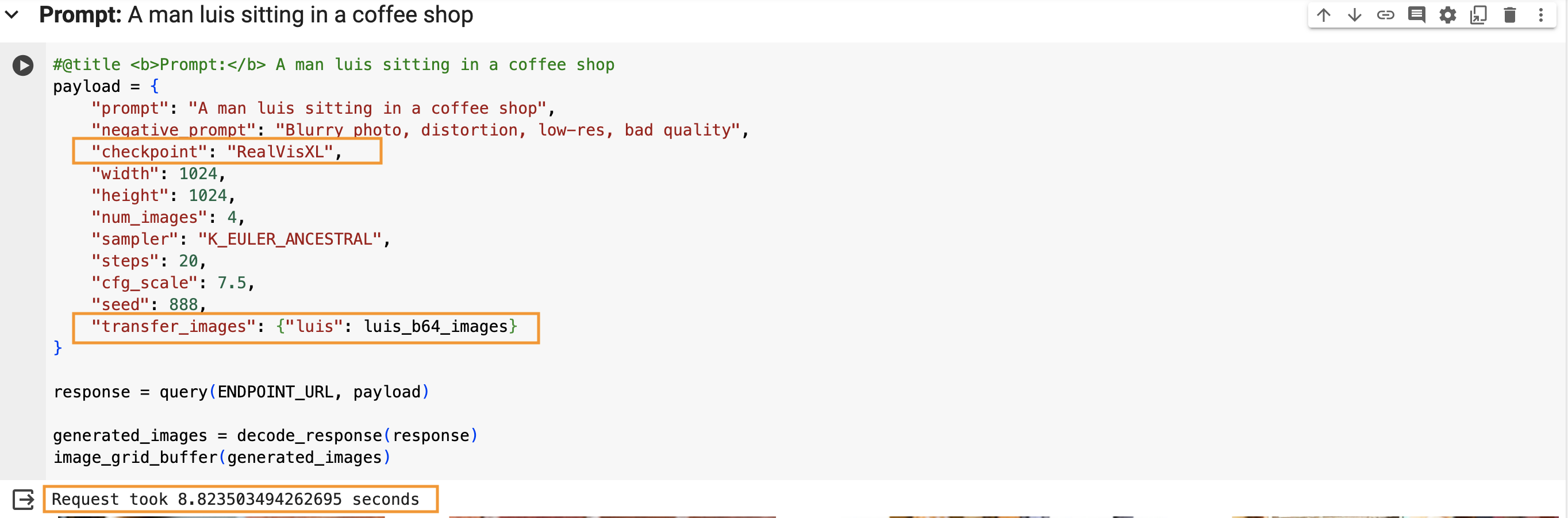 OctoAI code example to call the API showing the fine-tune trigger word in the prompt || '