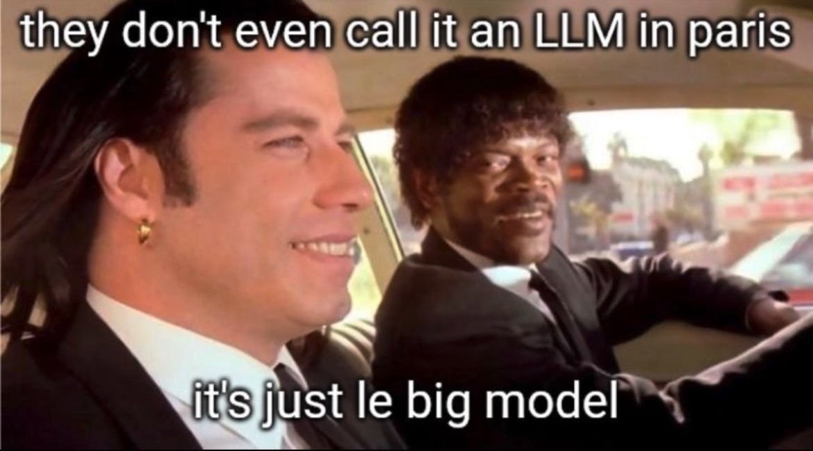 LLM meme using Pulp Fiction characters saying, "they don't even call it an LLM in Paris, it's just le big model." || '