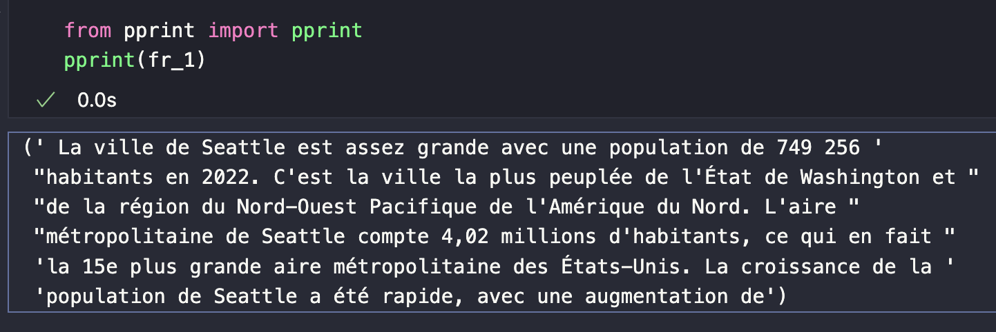 Output from Mixtral in french language answering the question, "How big is the city of Seattle?" || '
