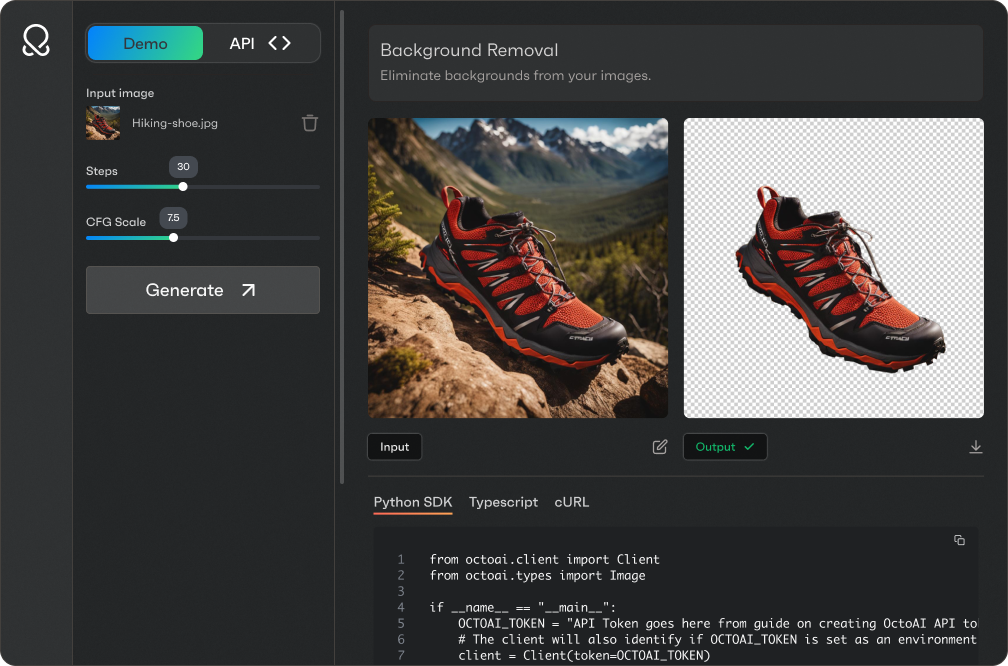 OctoAI web UI showing media gen tool background removal for hiking shoe