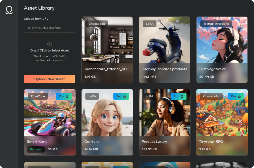 OctoAI web UI of Media Gen Asset Library with provided and personal assets for customization