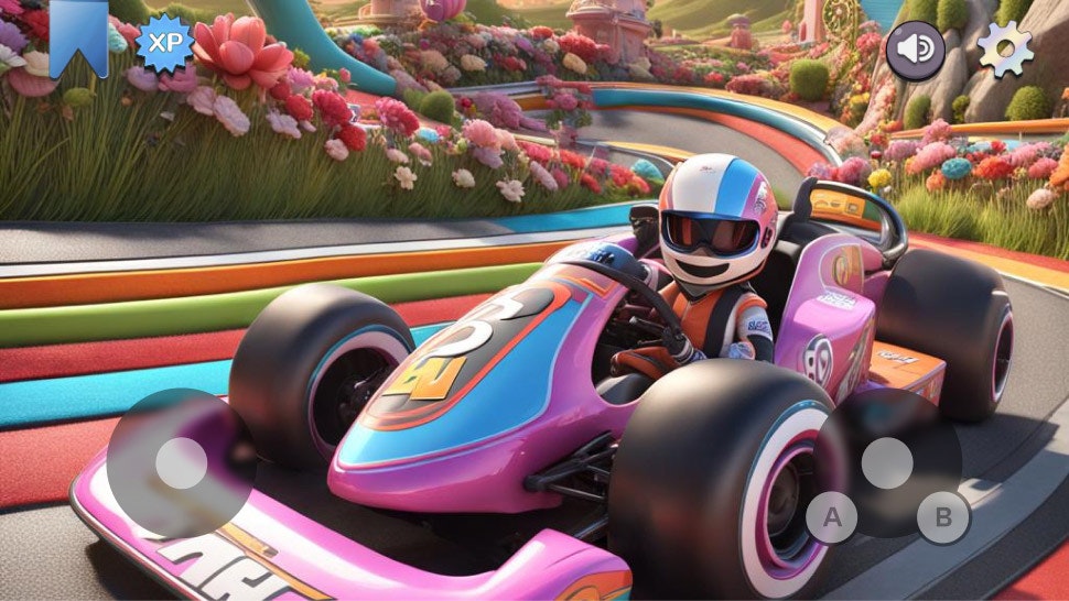 3d illustration of colorful scene with winding road and a gokart heading towards the screen