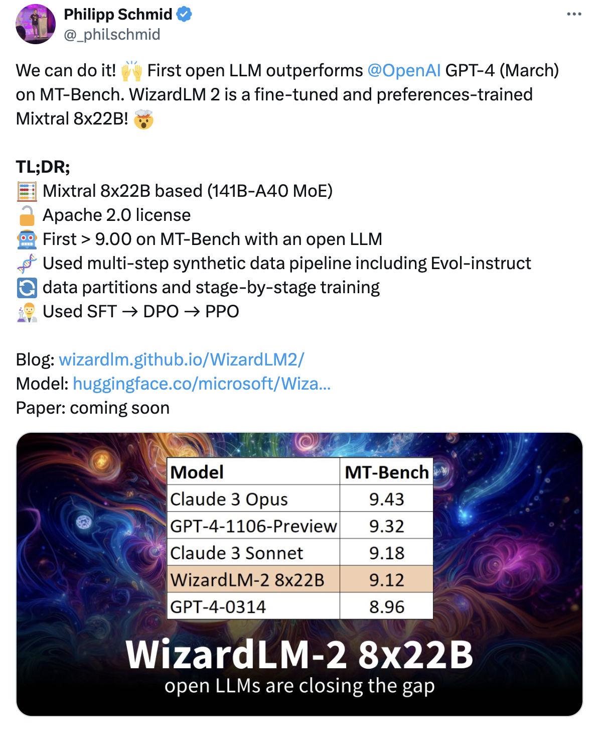 Microsoft announce the launch of WizardLM-2, a fine-tune of Mixtral 8x22B on twitter || '