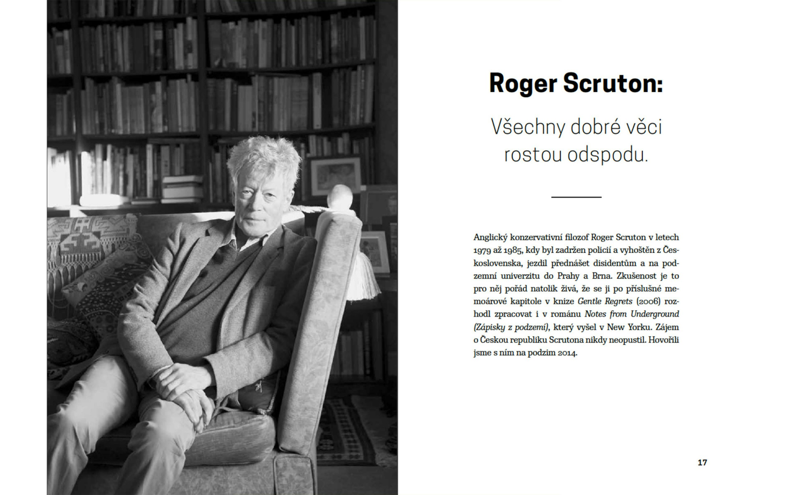 Titulní dvojstrana rozhovoru s Rogerem Scrutonem v knize Proměny světa