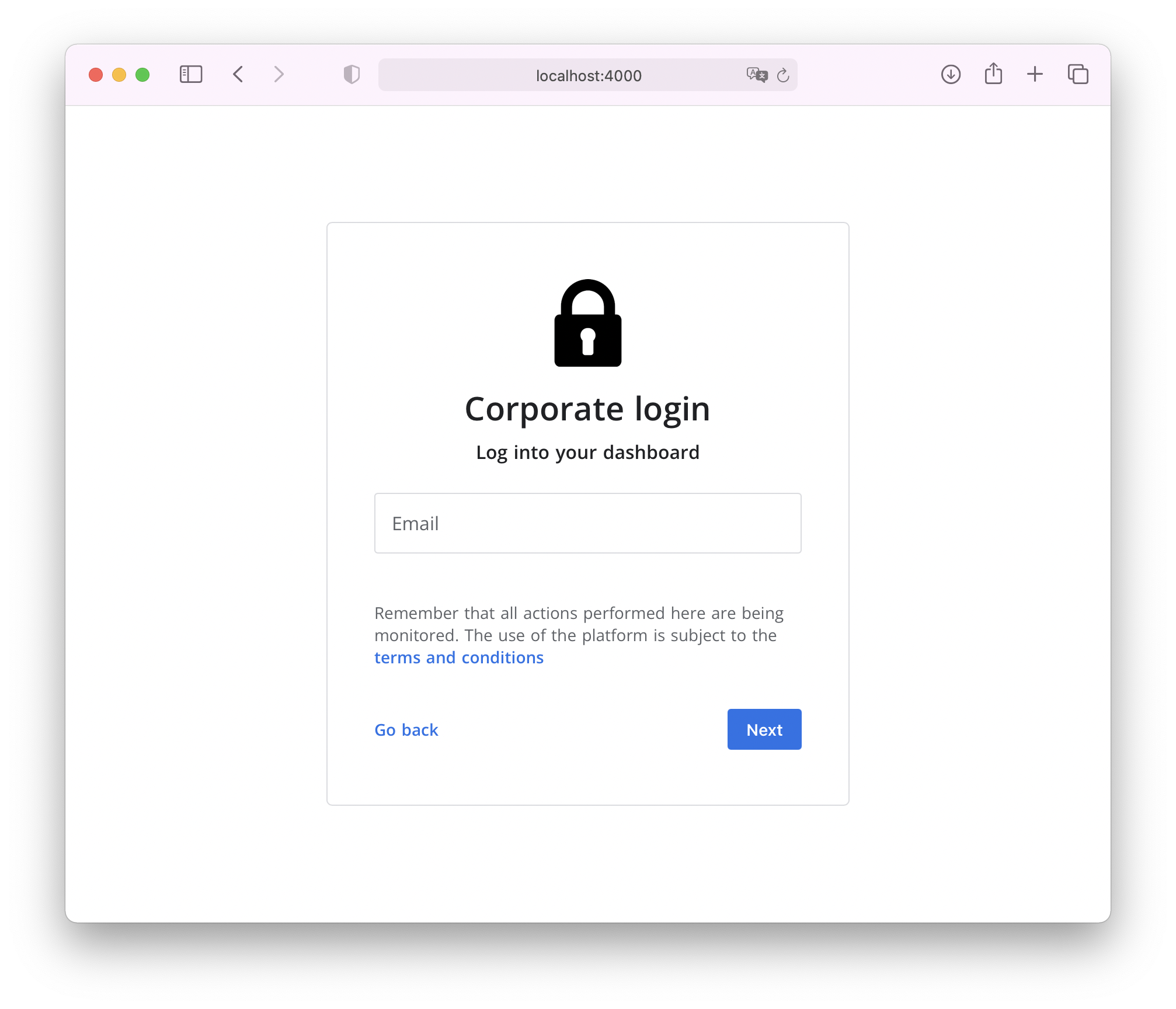 Se puede acceder, ahora desde localhost. Se muestra nuevamente la pantalla de login. Ahora se puede ingresar desde localhost:4000.