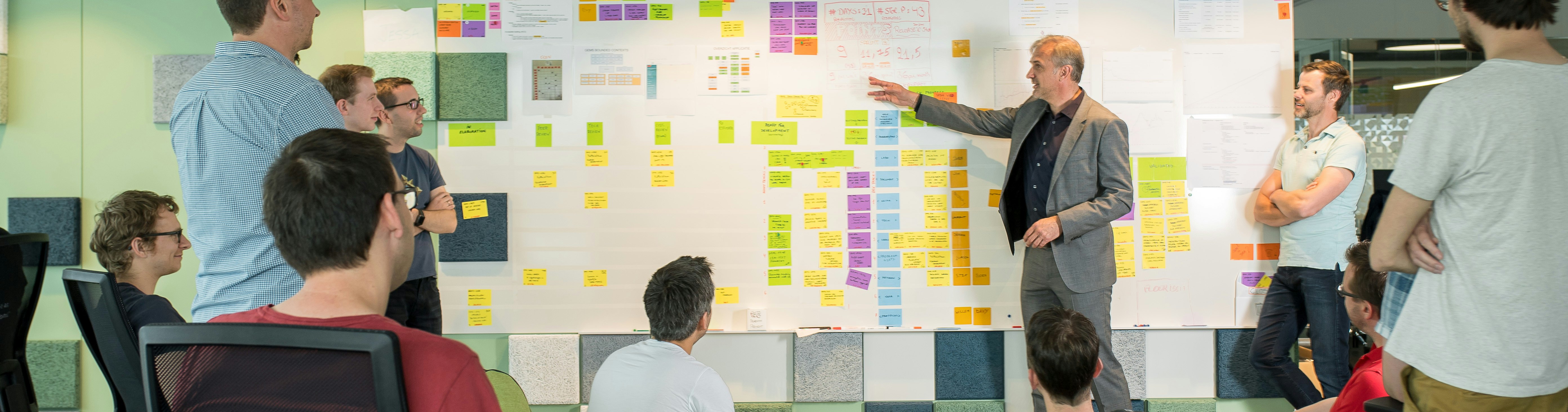 Software developers standing at a Kanban board