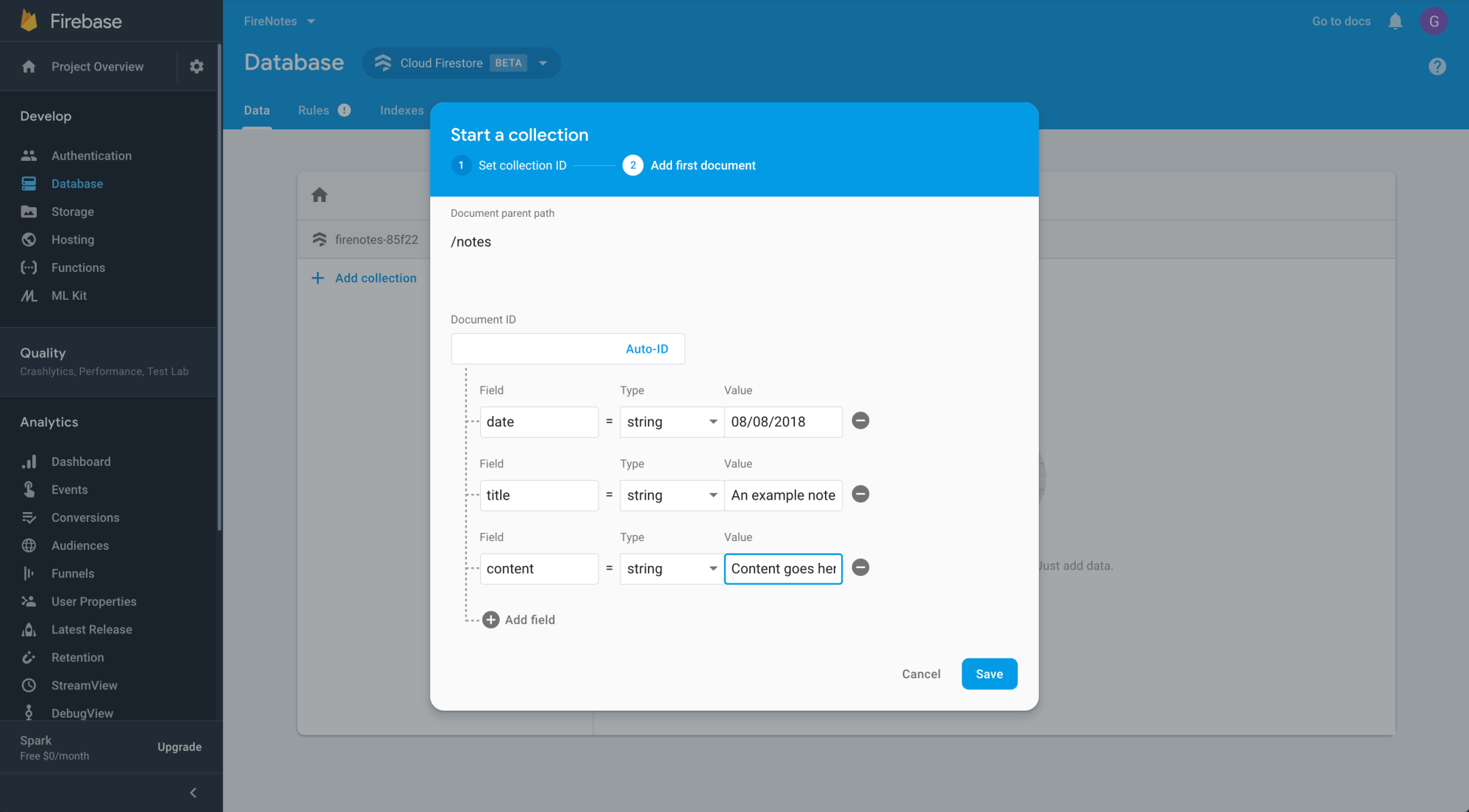 adding notes to the Firebase database