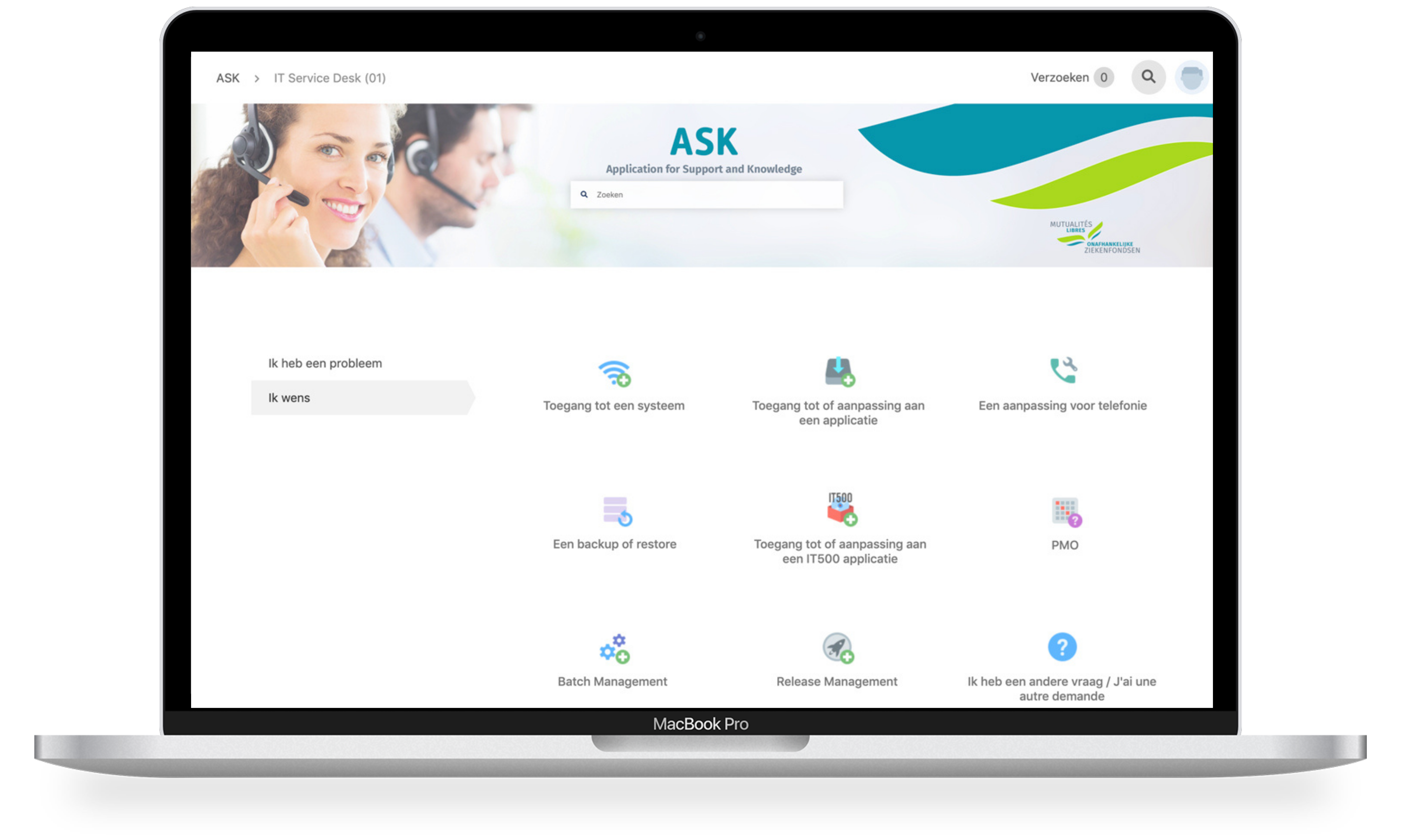 Laptop screen displaying the central ITSM service desk for more than 100 teams at MLOZ, the third largest insurance organization in Belgium.