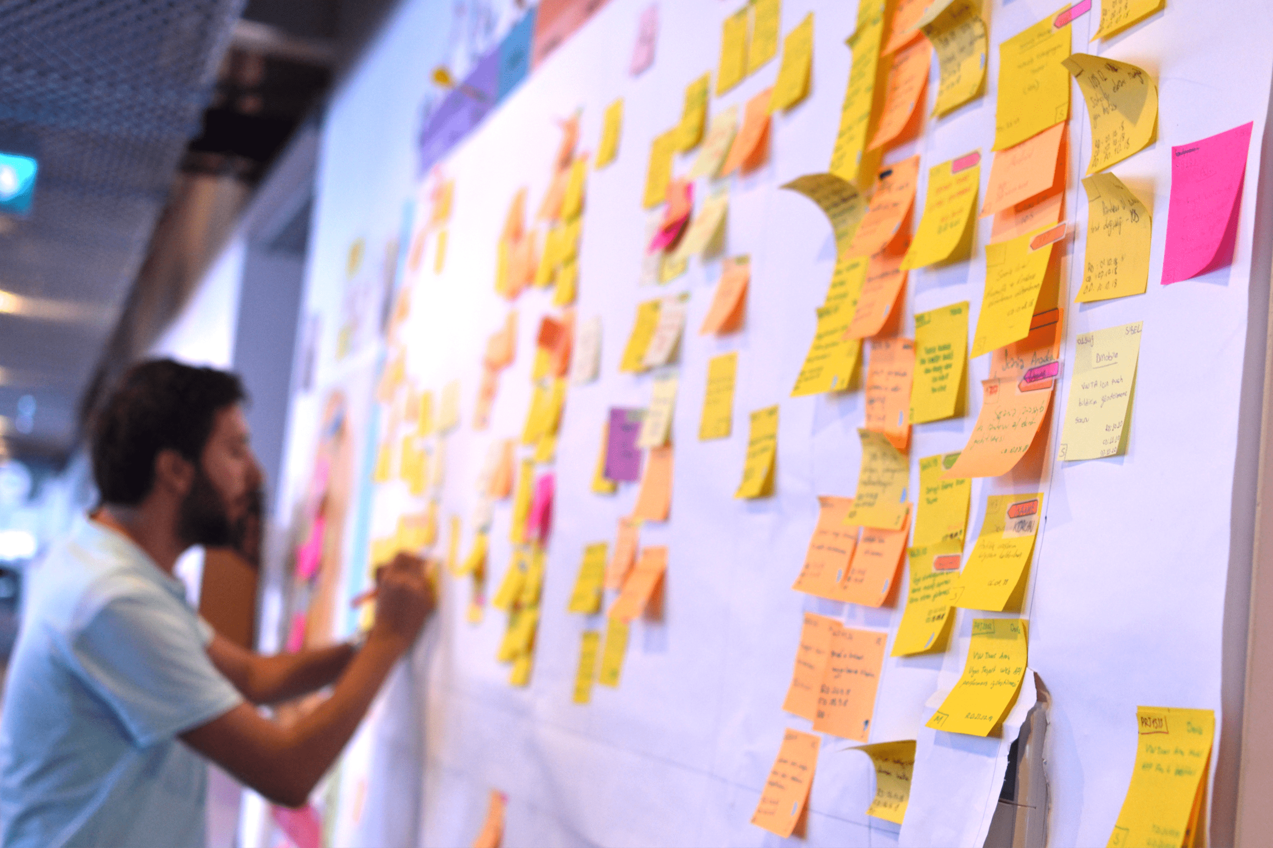 An IT worker tracking his tasks on Kanban board. Using Kanban board for task control is a kind of agile development methodology.