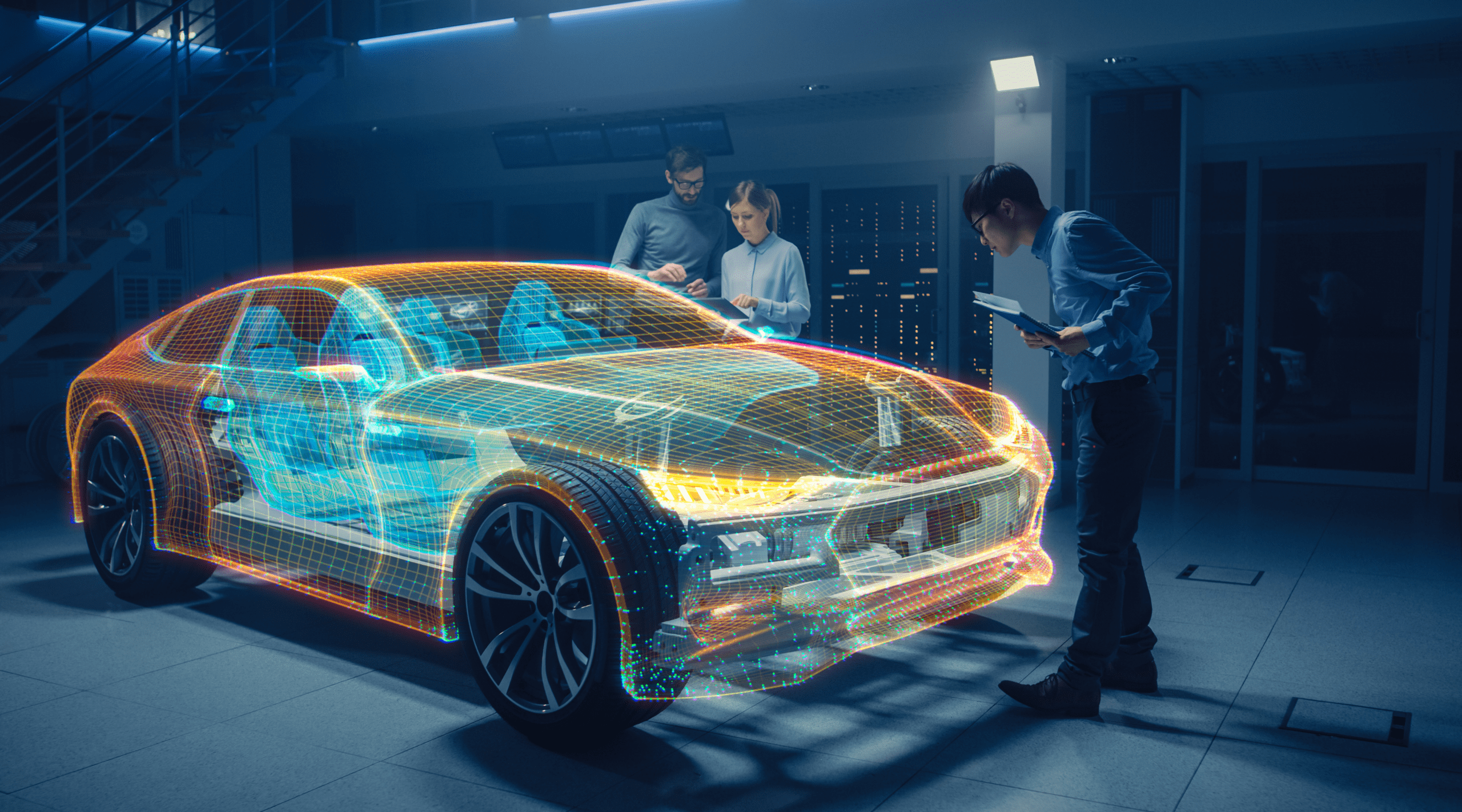 Group of Automobile Design Engineers Working in Virtual Reality 3D Model Prototype of Car Chassis.