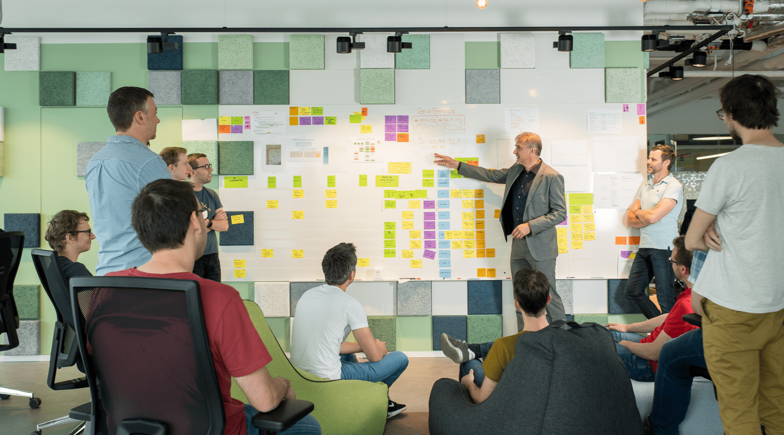 Software developers standing at a Kanban board