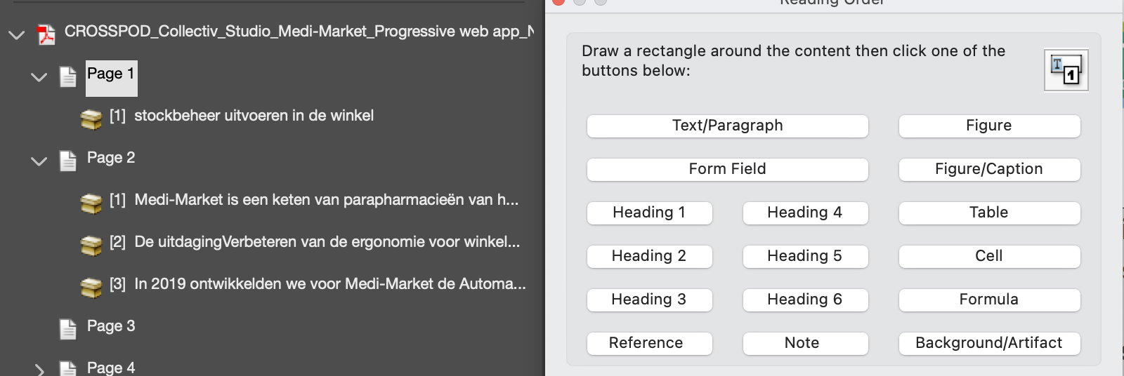 Screenshot showing adjustments of reading order in Acrobat Pro