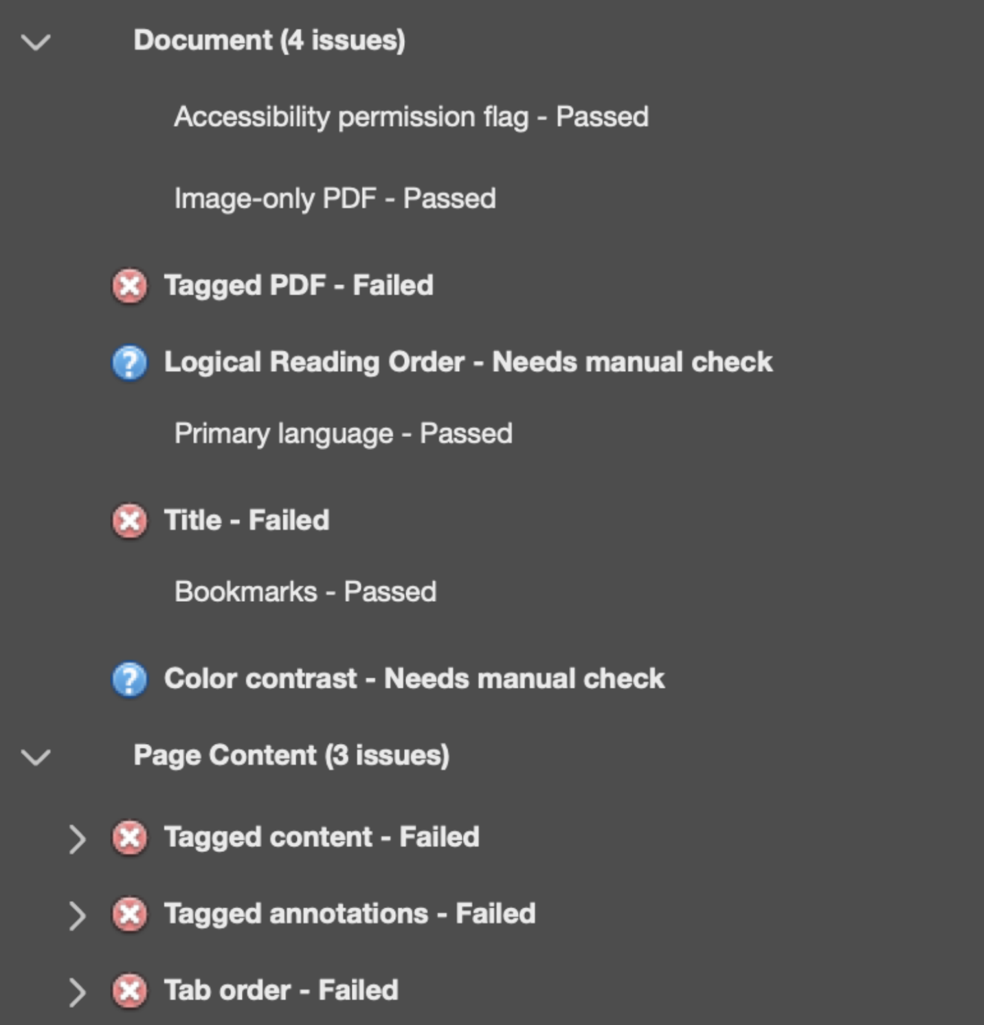 Screenshot die errors laat zien na accessibility check in Acrobat Pro
