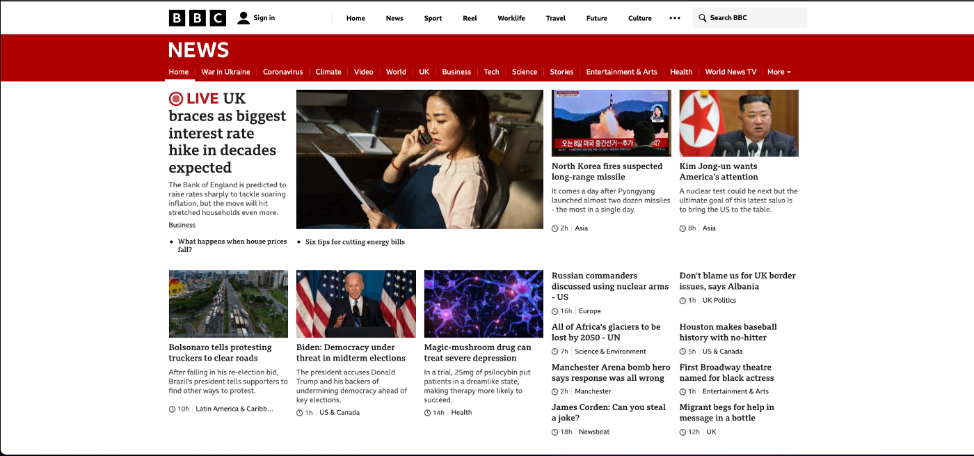 the BBC World Service News websites rendered using a React-based Single Page Application with a NodeJS back-end (Express)