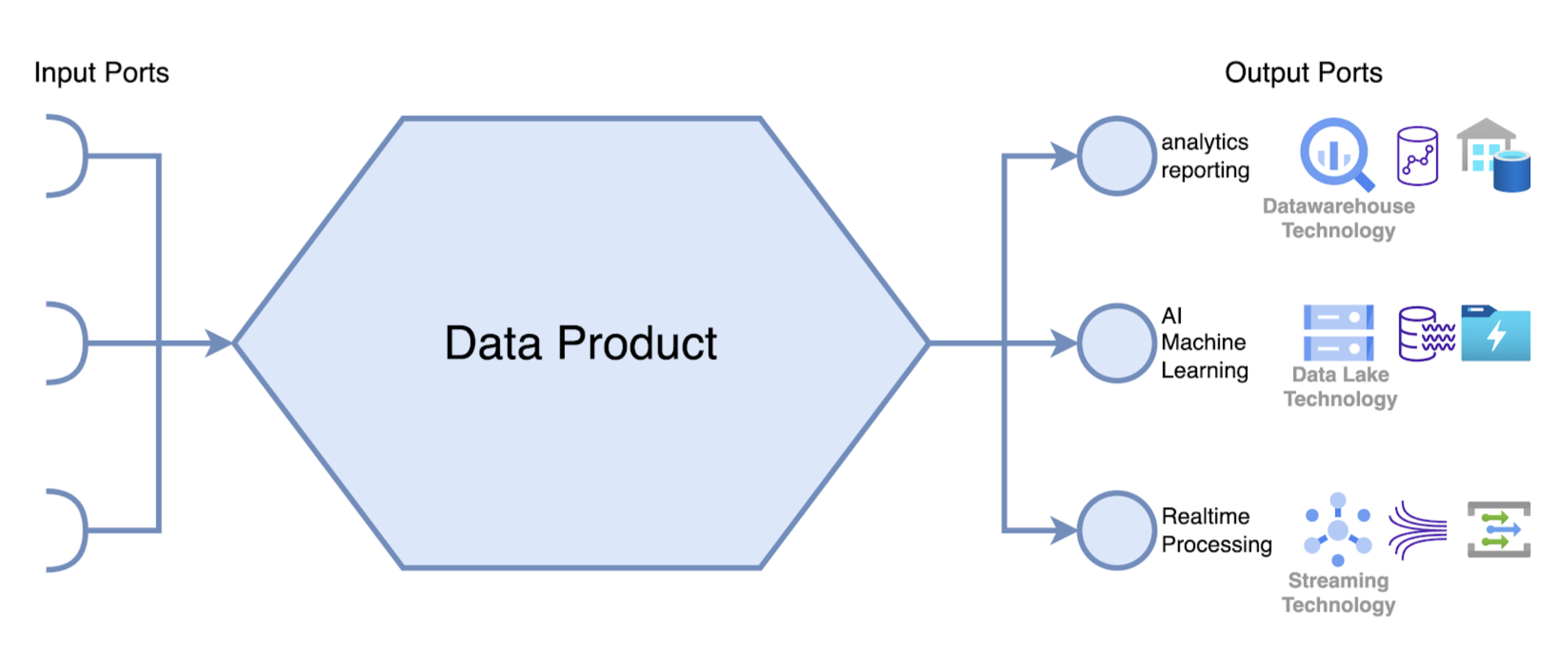 drawing of a flow from input ports to output ports via a diagram called data products