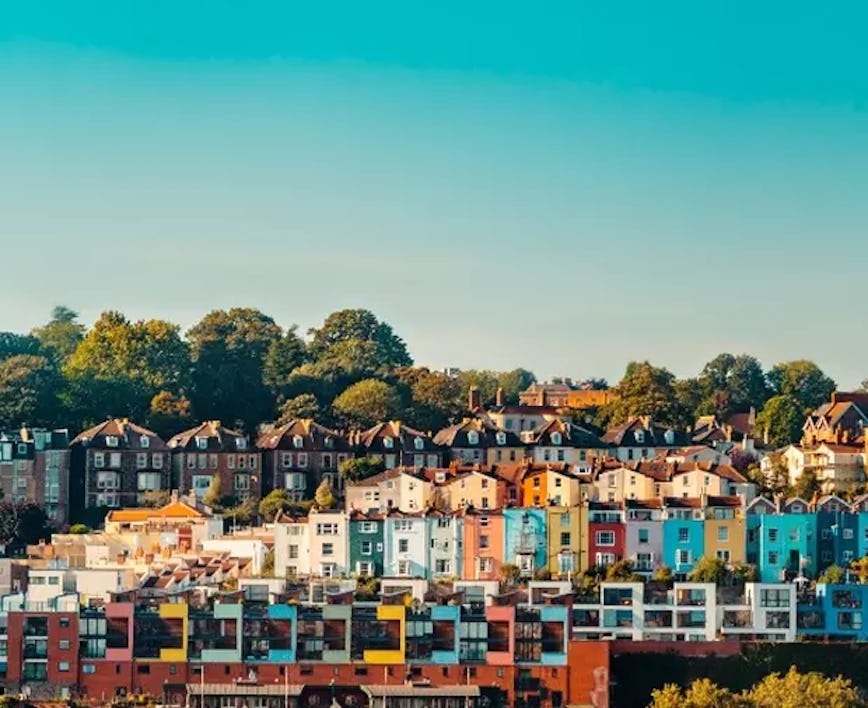 Sunny view of colourful Bristols houses and buildings.