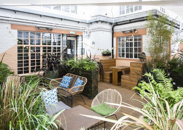 Runway East roof terrace in the heart of Soho, full of plants and sun.
