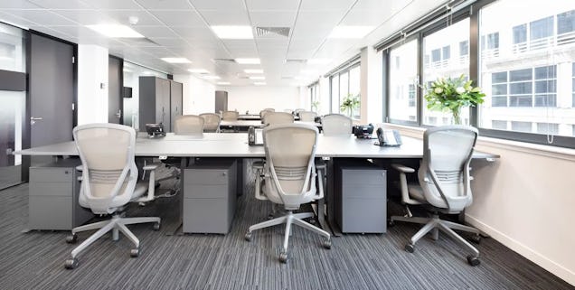 An image of a light private office with large windows and grey carpet.