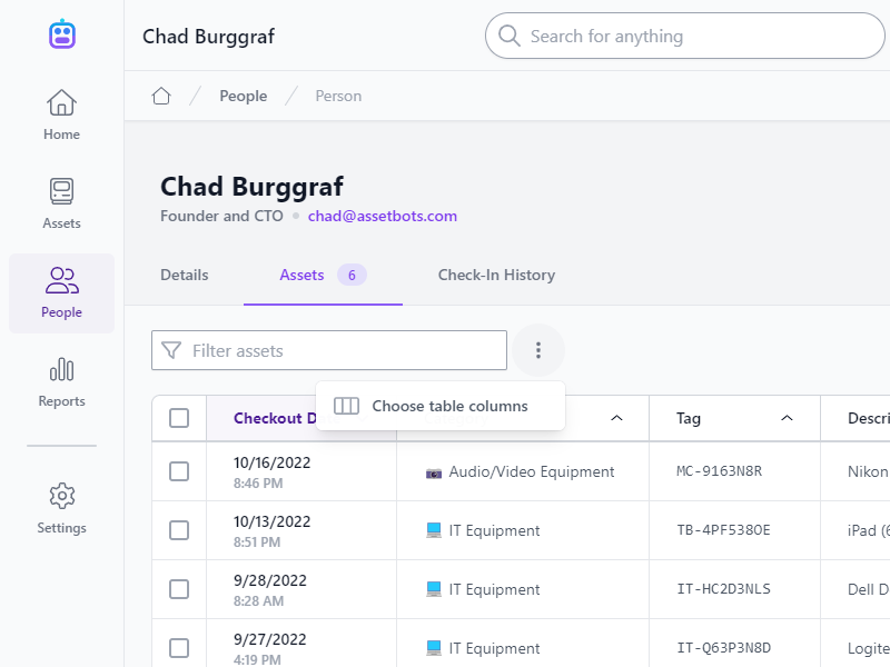 Customize person asset list columns