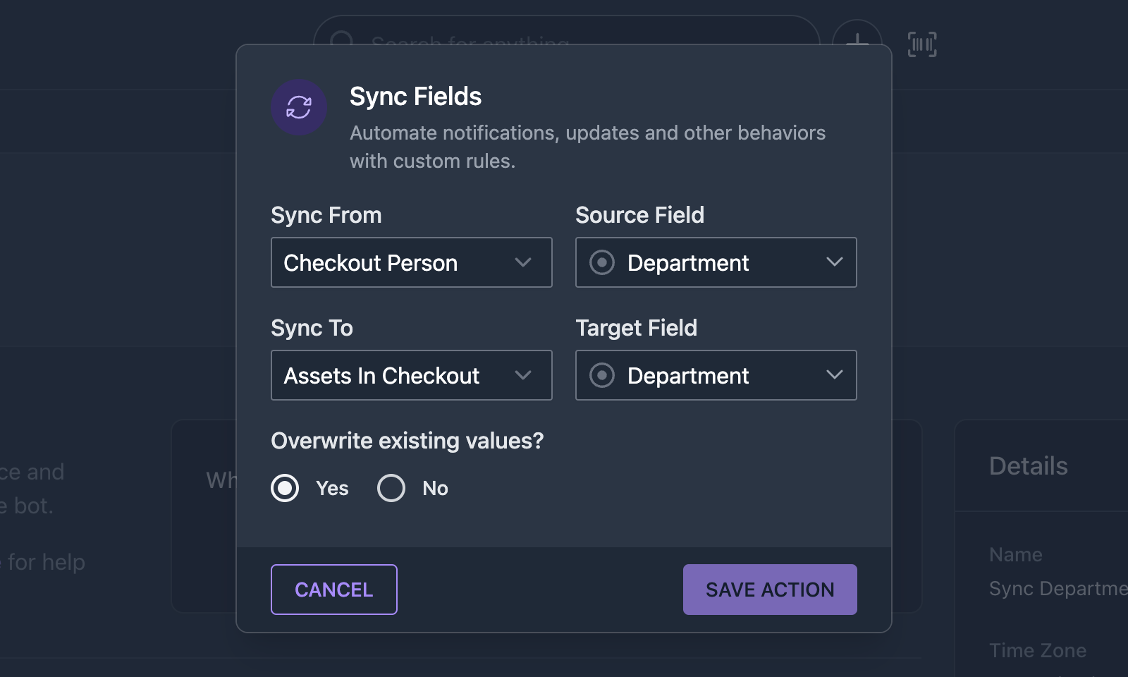 Sync Fields action