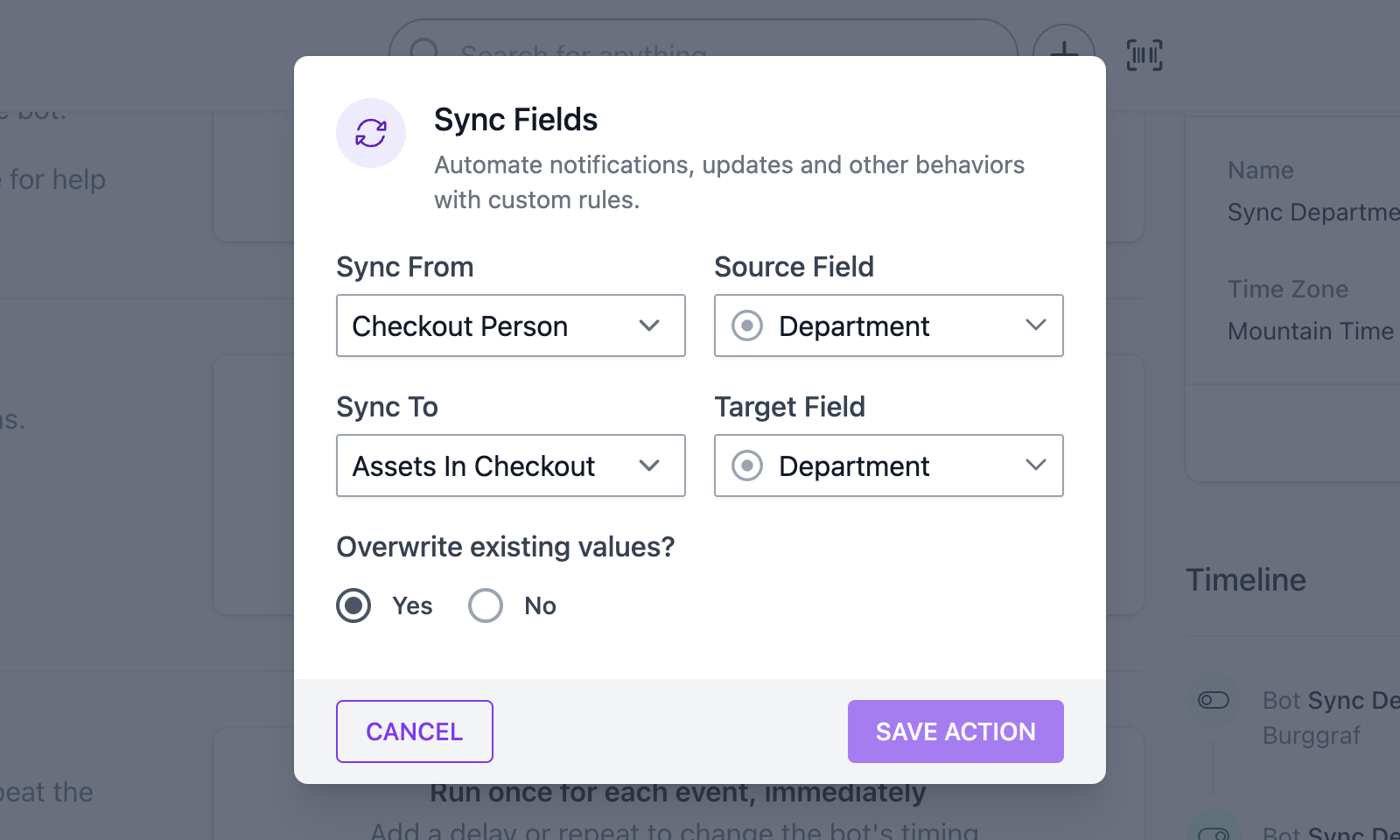 Sync Fields action