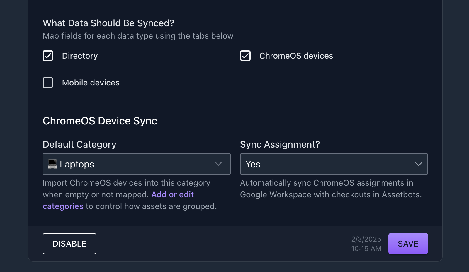 ChromeOS device sync options