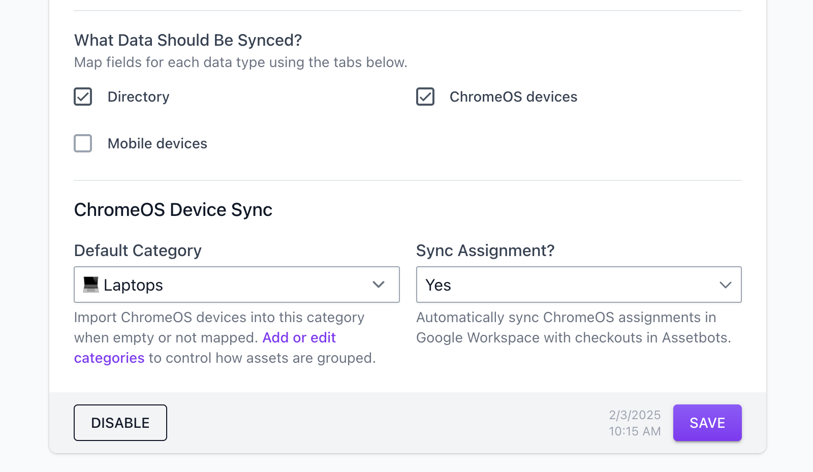 ChromeOS device sync options