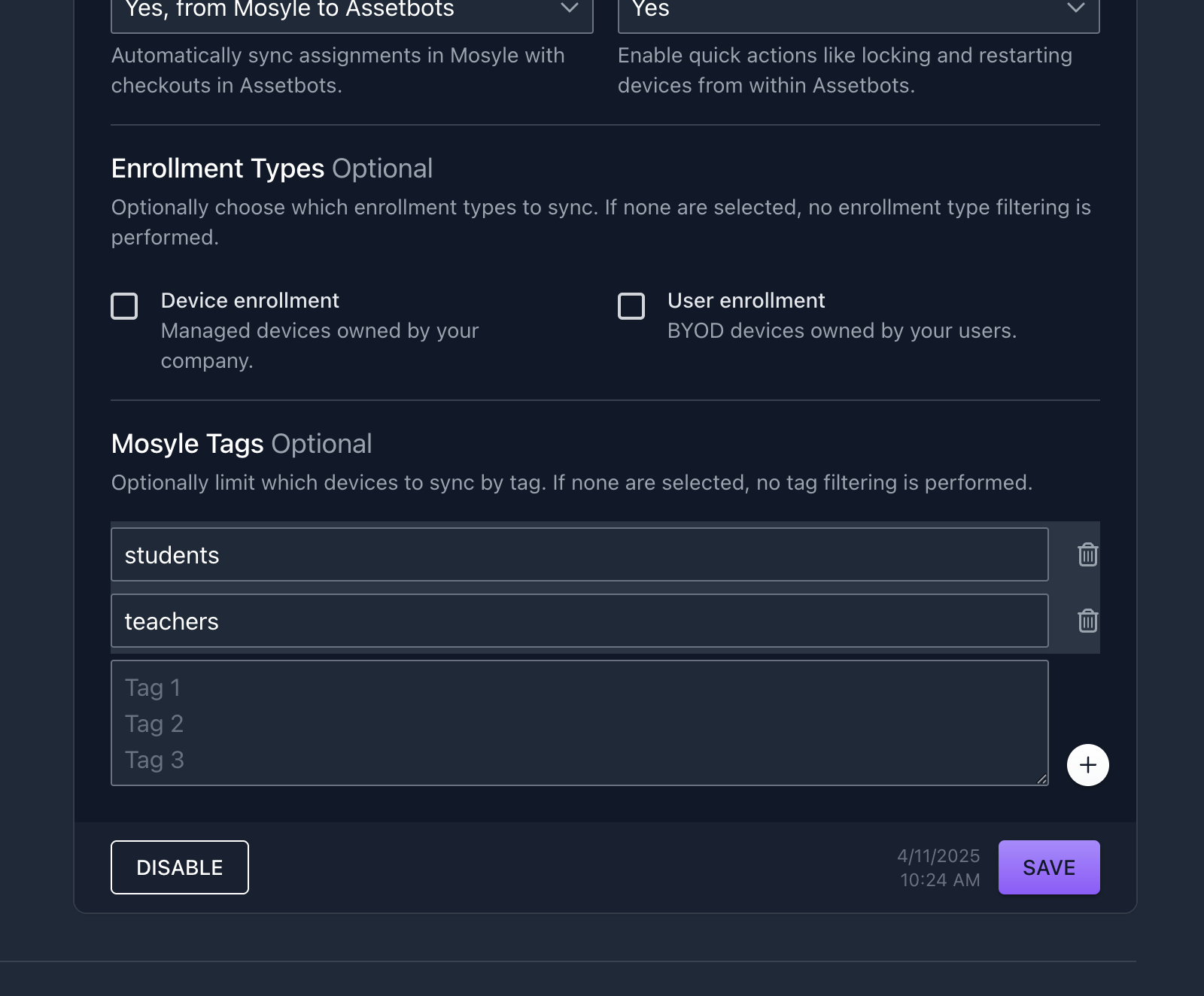 Mosyle Tags section