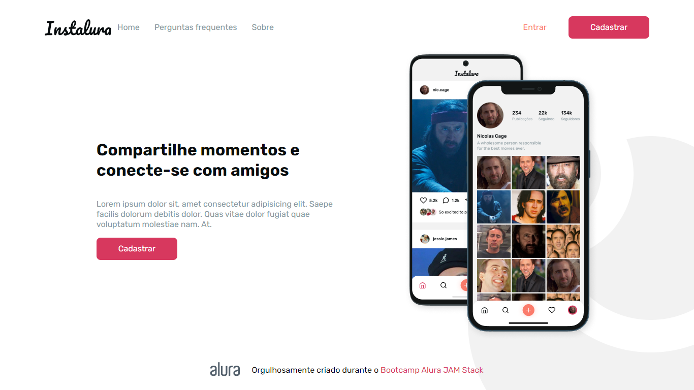 Página da web com botões vermelhos para cadastro e dois celulares exibindo páginas da aplicação