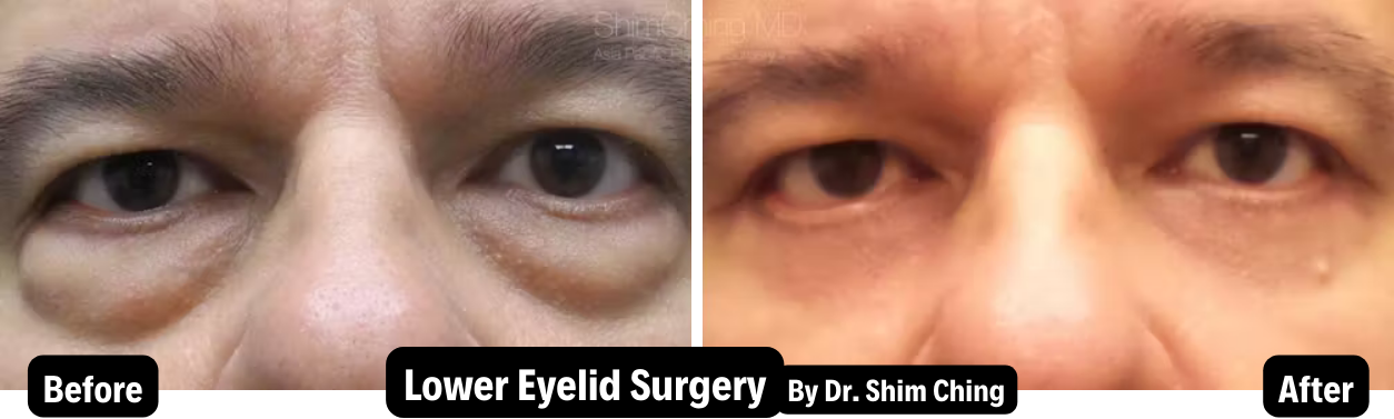 Close-up before and after image of a man showing reduced under-eye bags and smoother lower eyelids following lower eyelid surgery performed by Dr. Shim Ching.