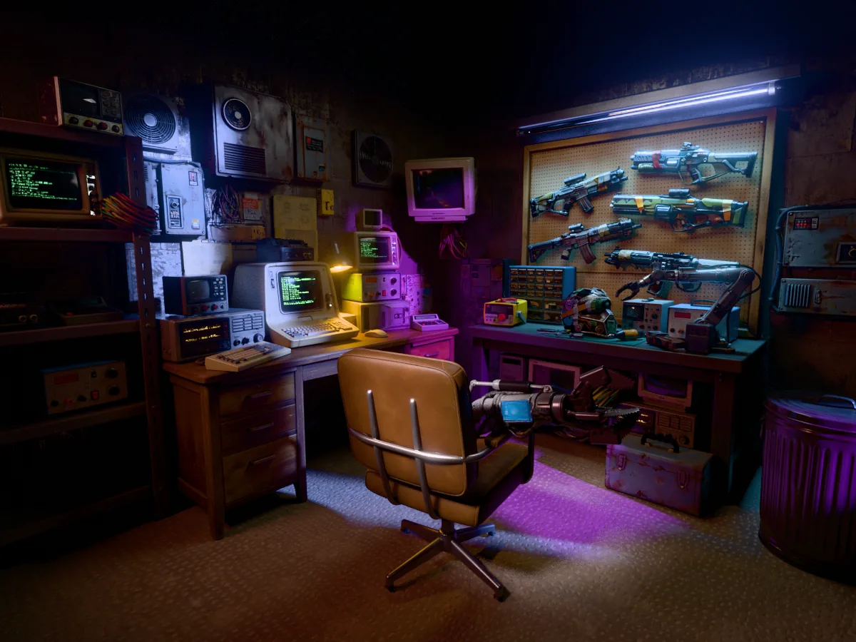 A neon-lit workshop with weapons racked on a pegboard wall