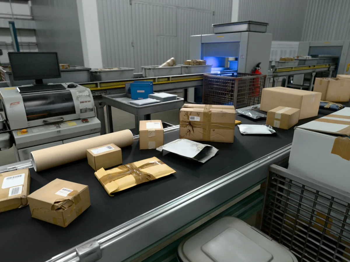 Cardboard parcels moving along a warehouse conveyor