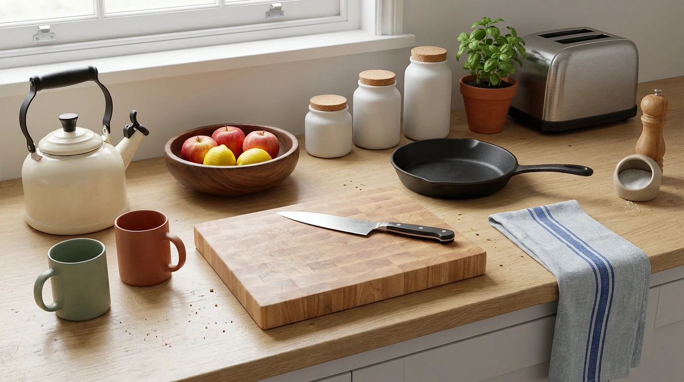 A kitchen counter scene that Marso Studio generated: a kettle, two mugs, a cutting board with a knife, a bowl of fruit, a cast iron skillet, a toaster and a pepper mill.