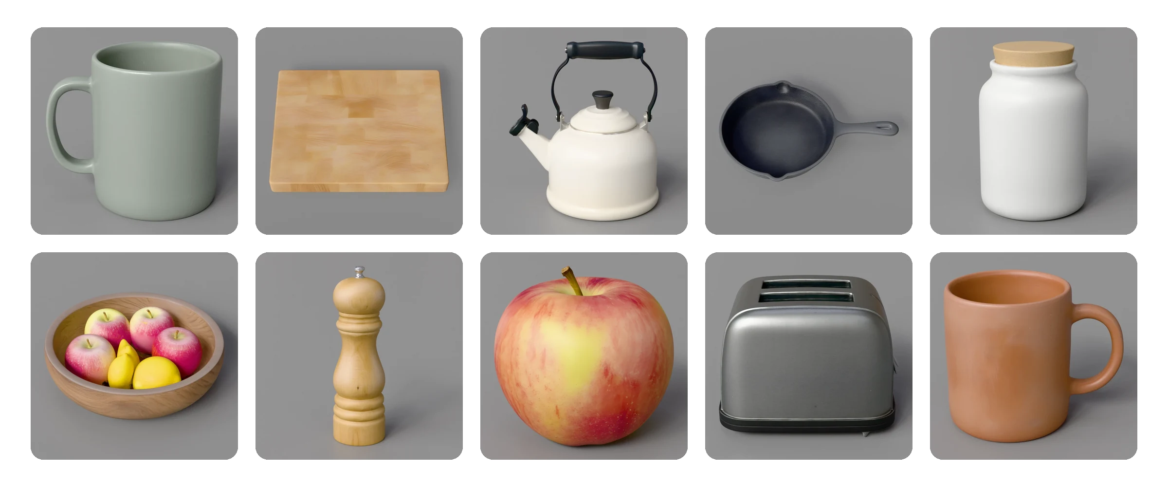The ten 3D models that Marso Studio made from the reference images, each with predicted PBR materials.
