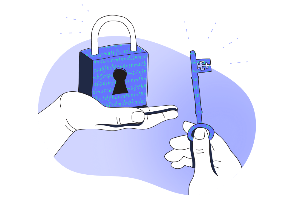illustration of two hands one holding an encrypted lock and one holding an encrypted key