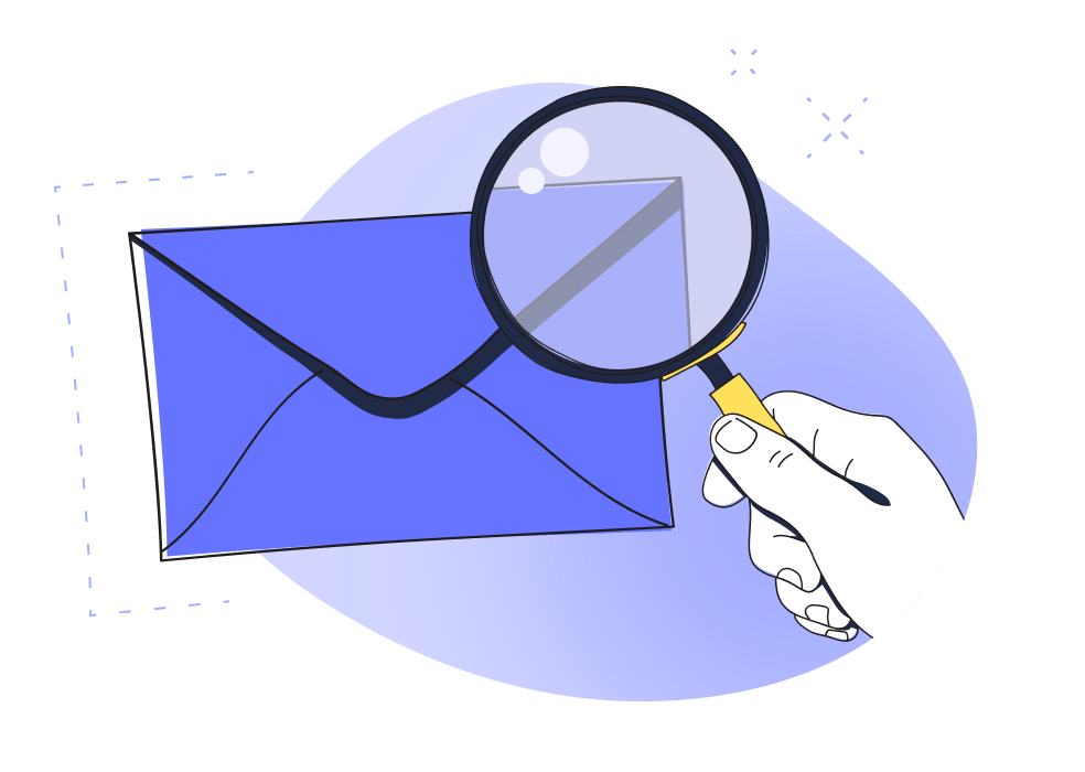 illustration of an envelope with a hand holding a magnifying glass
