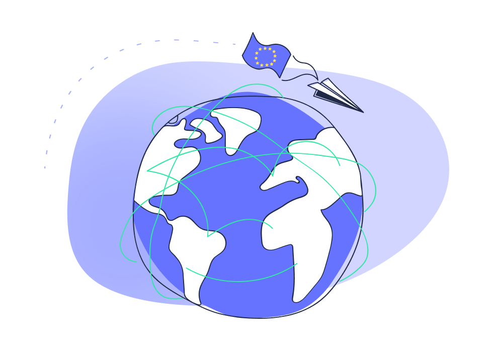 illustration of a globe with a paperplane going around with an European flag